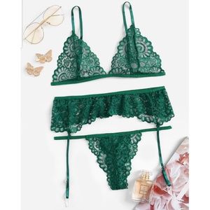 Green Bra and Panty Garter Set Medium